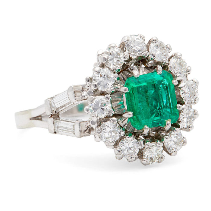 Mid Century French GIA Colombian Emerald and Diamond 18k White Gold Cluster Ring