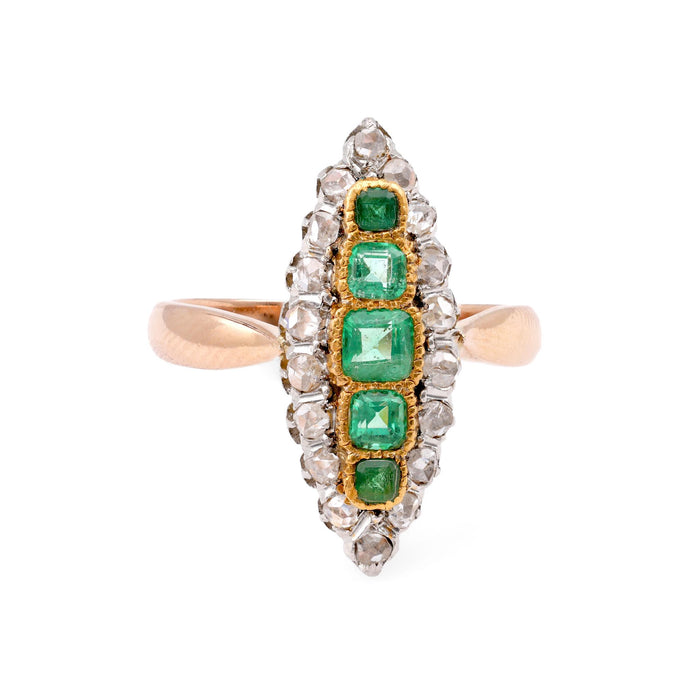 European Art Deco Emerald Diamond Yellow Gold and Platinum Navette Ring