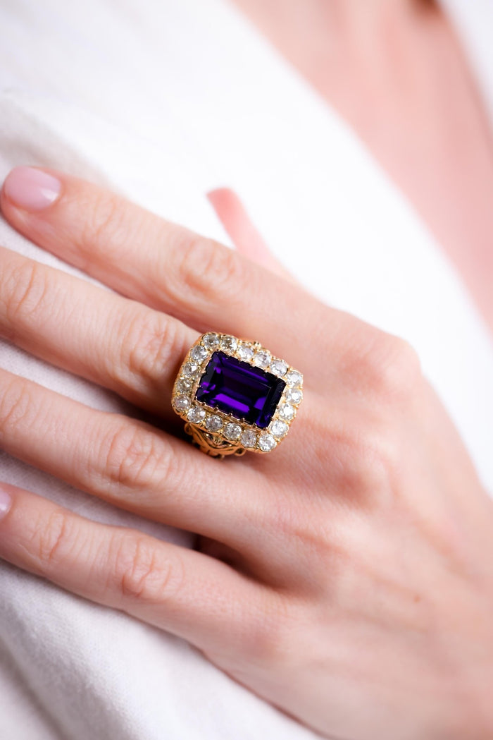 Antique 7.5 Carat Emerald Cut Amethyst Diamond 18K Yellow Gold Cocktail Ring