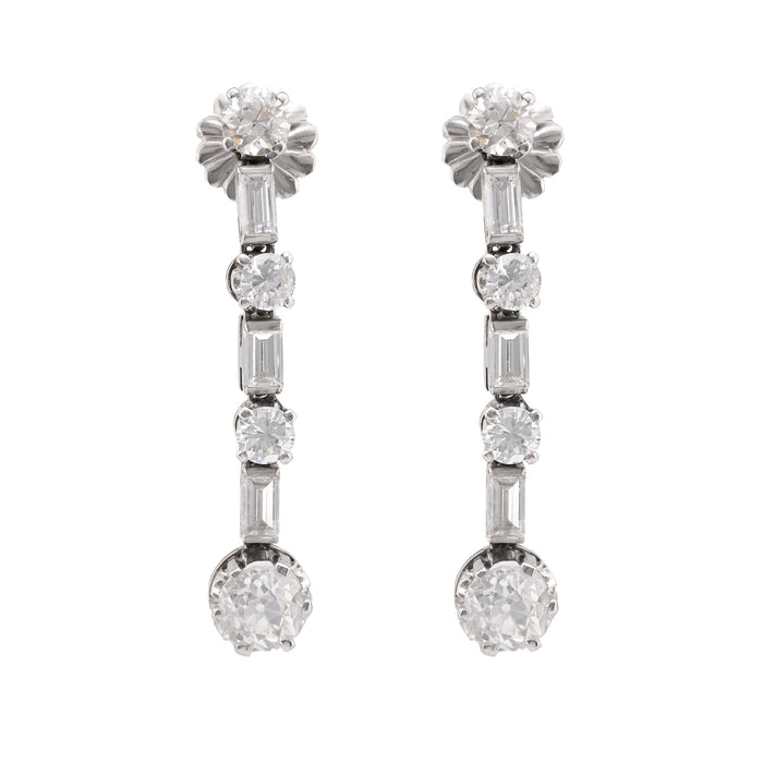 Mid-Century 4.2 Carat Total Weight Diamond Platinum Drop Earrings