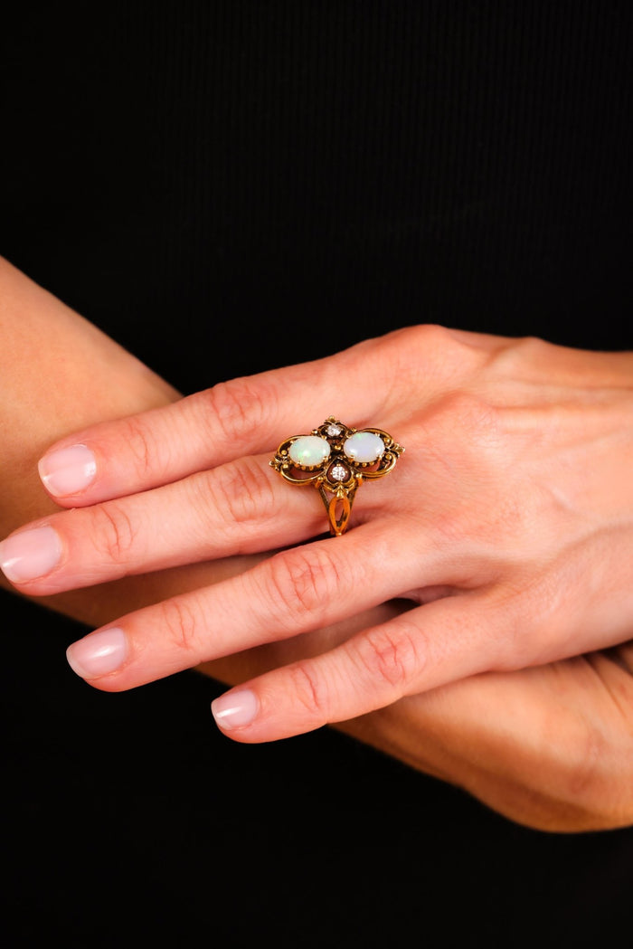 Victorian Opal Diamond 14K Yellow Gold Cocktail Ring