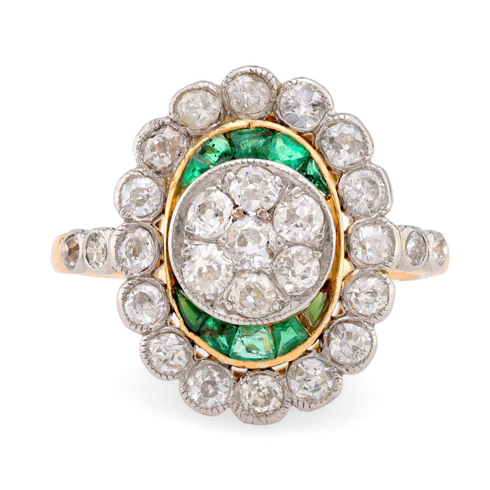 French Belle Époque Diamond Emerald 18K Yellow Gold Target Ring