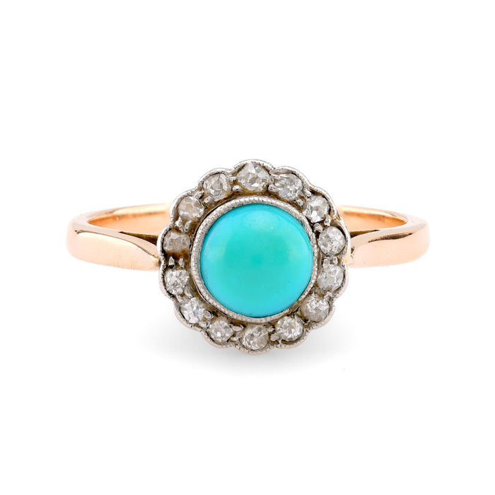 Victorian Turquoise Diamond 18K Rose and White Gold Cluster Ring