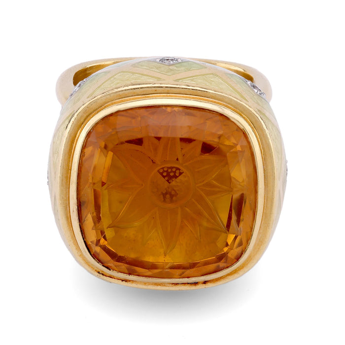 Stephen Webster Sunflower Intaglio Citrine Diamond 18K Yellow Gold Cocktail Ring