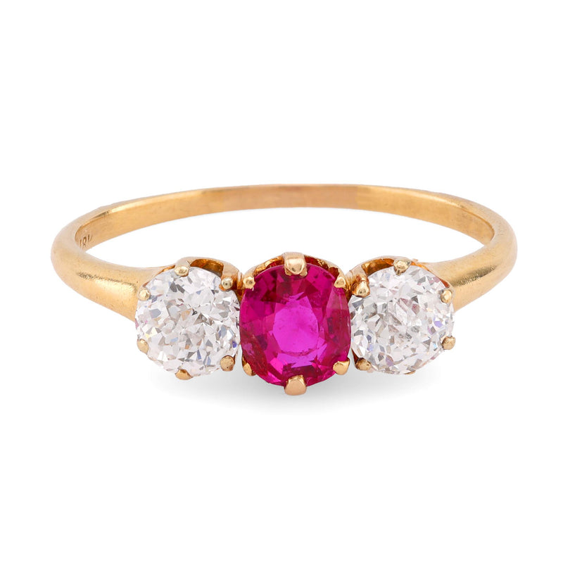 Antique Ruby Diamond 18K Yellow Gold Three Stone Ring