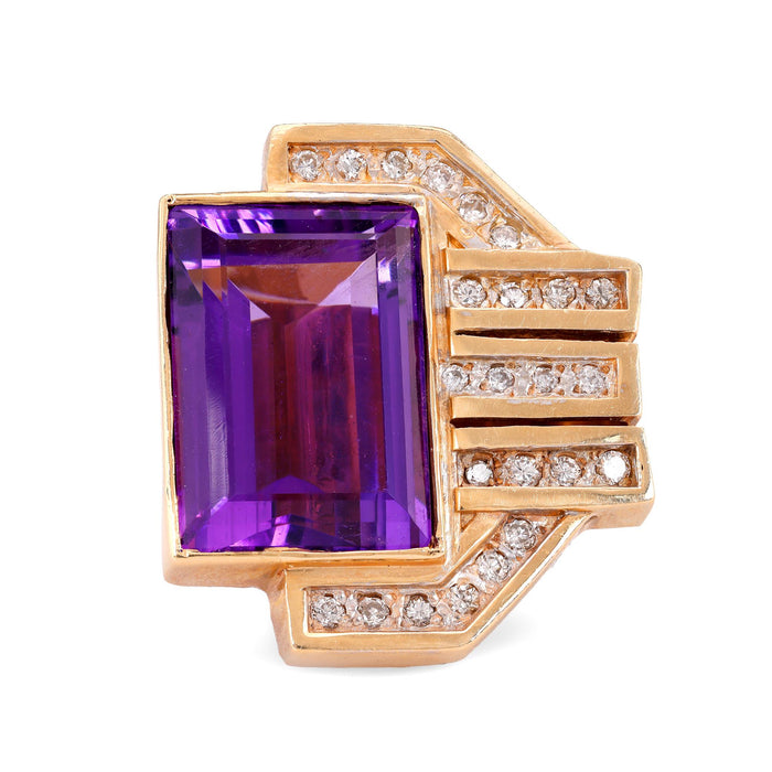 Vintage 13.7 Carat Amethyst Diamond 18K Yellow Gold Cocktail Ring