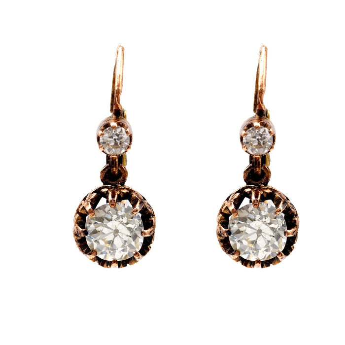 Antique Inspired 1.93 Carat Diamond 18k Gold Drop Earrings