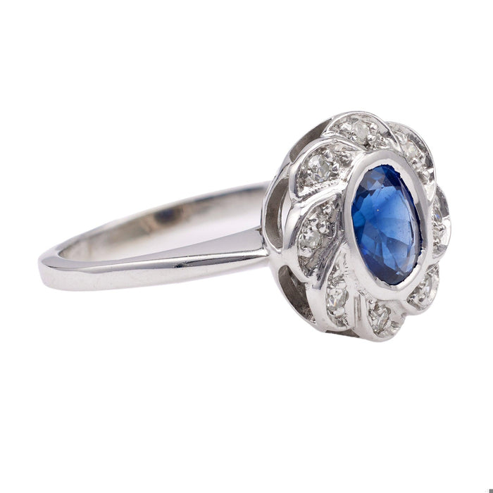 Art Deco Sapphire and Diamond 14k White Gold Cluster Ring