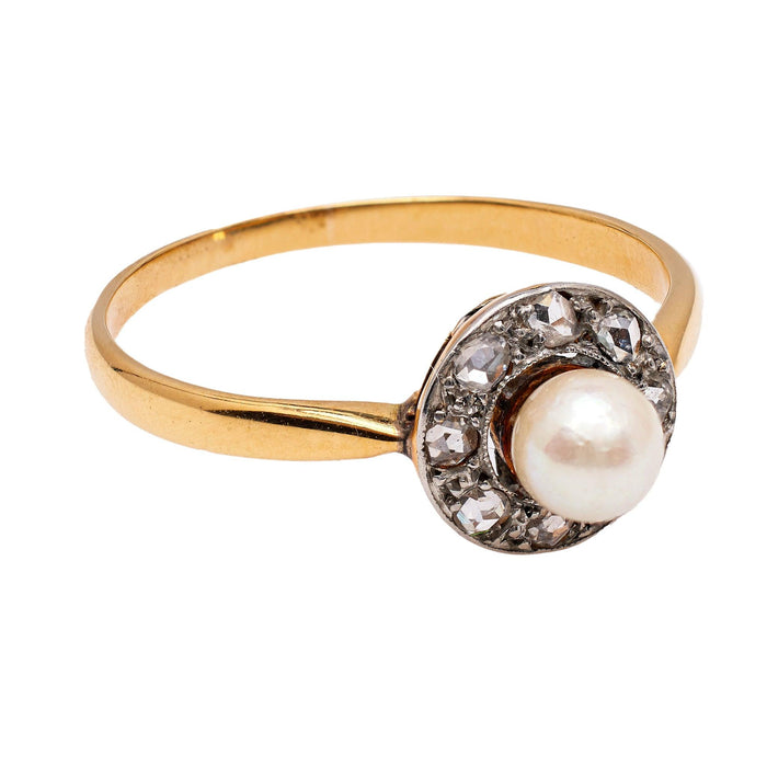 Belle Époque French Pearl Diamond 18k Yellow Gold Platinum Ring