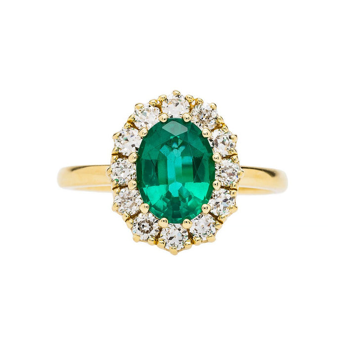 Emerald Braswell | Victorian Inspired Emerald Diamond Halo Vintage Engagement Ring