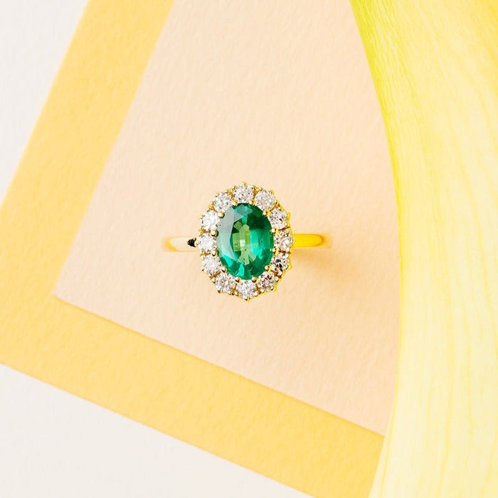 Emerald Braswell | Victorian Inspired Emerald Diamond Halo Vintage Engagement Ring