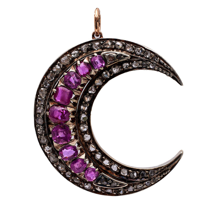 Victorian Ruby and Diamond 18k Rose Gold Silver Crescent Moon Pendant