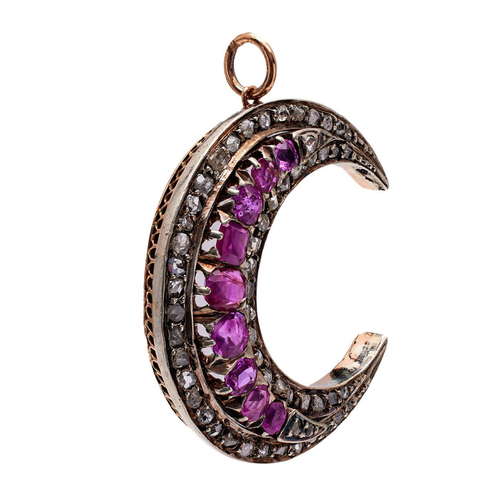 Victorian Ruby and Diamond 18k Rose Gold Silver Crescent Moon Pendant